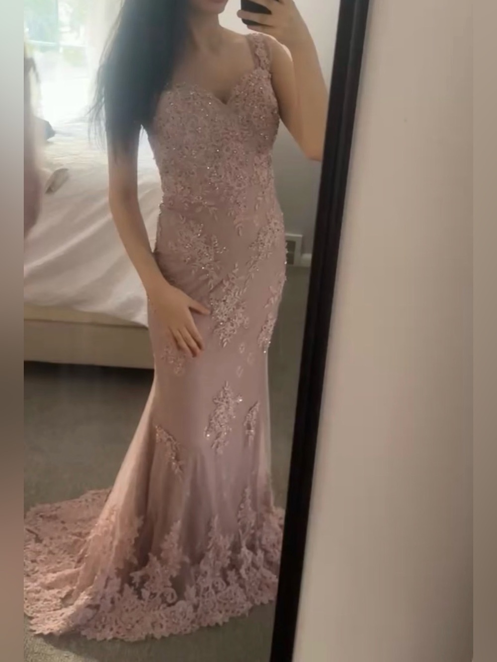 Jovani Dusty Rose Beaded Lace Mermaid Maxi Dress